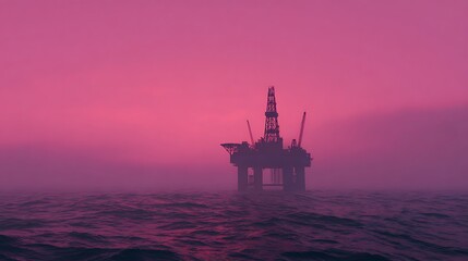 A solitary oil rig stands in the fog, its silhouette against the pink and purple hues of the sky.