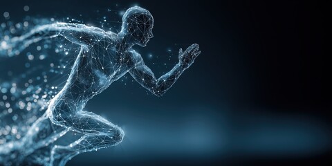 a digital human figure running, composed of lines and data points, representing the speed at which artificial intelligence is growing in technology Generative AI