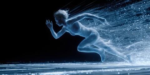 a digital human figure running at high speed, composed of blue lines and data points in the background. the character is dressed casually with short hair Generative AI