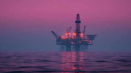A large oil rig stands in the calm waters of the sea, illuminated by its lights against the pink and purple hues of the sunset sky.