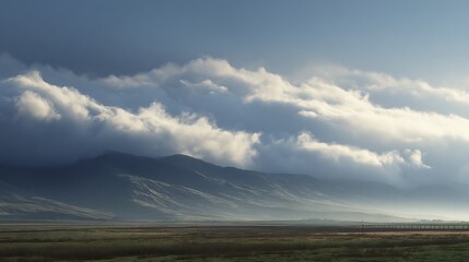 A breathtaking view of a mountain range with a dramatic sky filled with fluffy clouds, set against a serene backdrop.