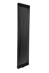 Black aluminum radiator, vertical, on a white background.