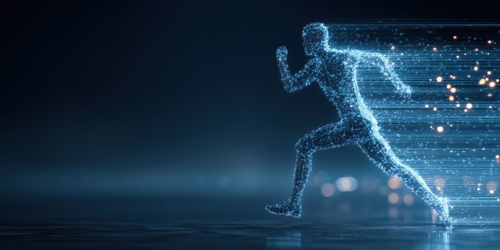 a digital figure running in blue light, composed of lines and data points, symbolizing the rapid growth of artificial intelligence Generative AI