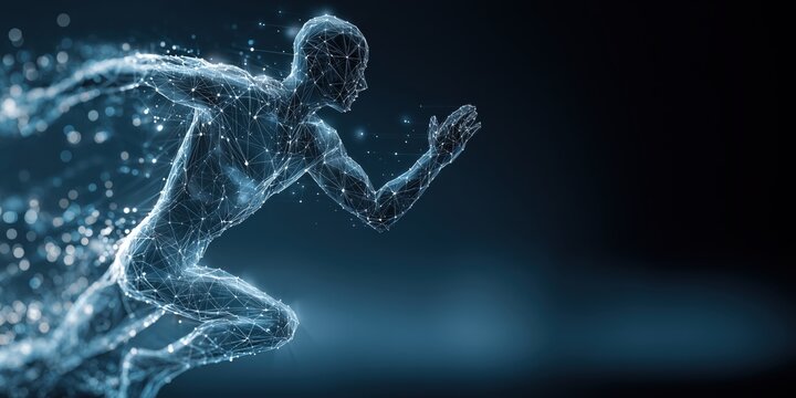 a digital human figure running, composed of lines and data points, representing the speed at which artificial intelligence is growing in technology Generative AI