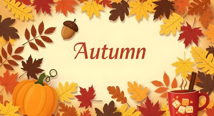 Vibrant autumn leaves frame a cozy scene with pumpkin, acorn, and warm drink perfect for seasonal greetings