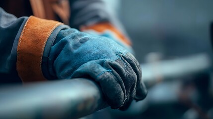A skilled industrial worker in protective gear, gripping a metal bar with determination and focus.