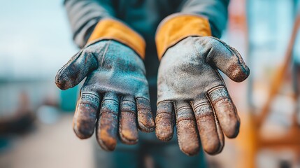 A pair of dirty gloves held up in front of a blurred industrial background.