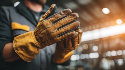 Craftsman in protective gloves working on a piece of metalwork in a workshop setting.