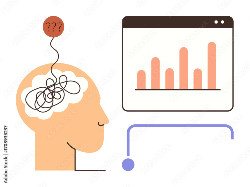 Poster profile of a tangled thought cloud in a head, question marks above, and a bar graph on a screen. ide