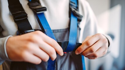 A worker wearing a blue safety harness, securing it with a black strap.
