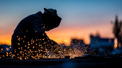 A welder in protective gear works on a metal structure at sunset, creating sparks as he cuts through the metal.