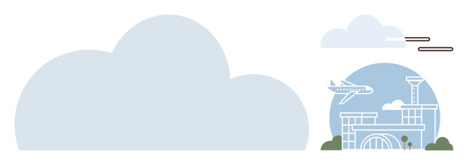 Airplane soaring over a contemporary airport terminal with a control tower, surrounded by clouds. Ideal for travel, tourism, aviation, transportation, flight industry, global connection, future