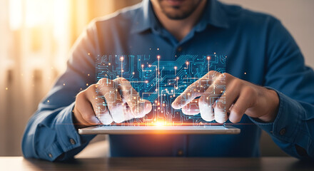 Man interacts with glowing digital circuit board overlay