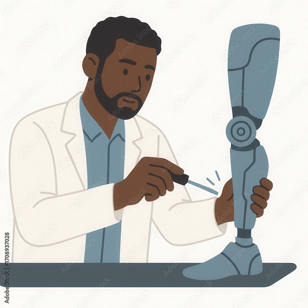 Poster expert biomedical engineer meticulously adjusting advanced prosthetic limb showcasing breakthrough t