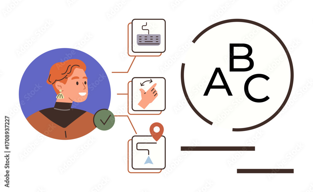 Poster person symbol with text, gesture, and location icons connecting for interaction. ideal for communica