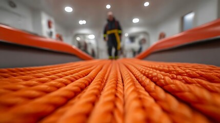 A lifeboat interior with a focus on the ropes and the person in the background.