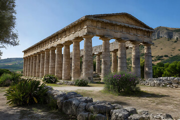 Obraz premium Ancient stone temple with columns under clear blue sky surrounded by greenery and hills