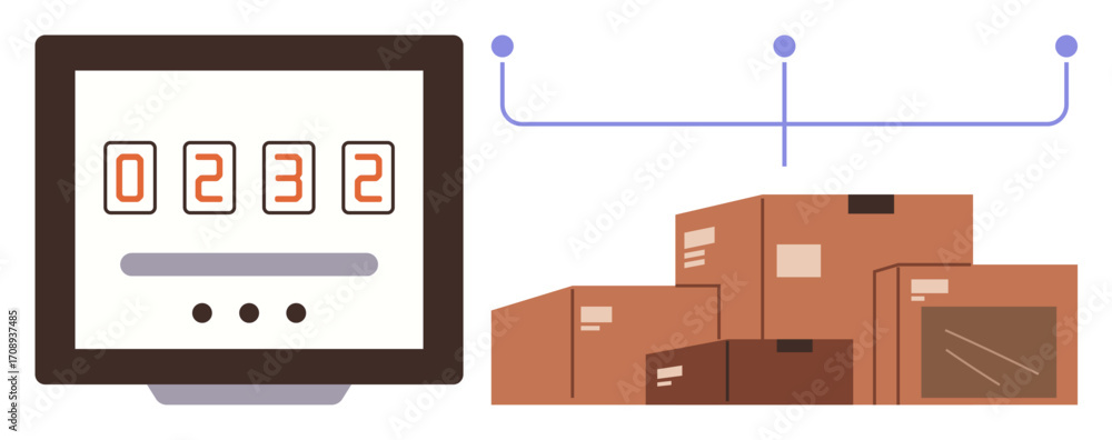 Poster digital screen displays inventory count near organized boxes linked by data lines. ideal for logisti
