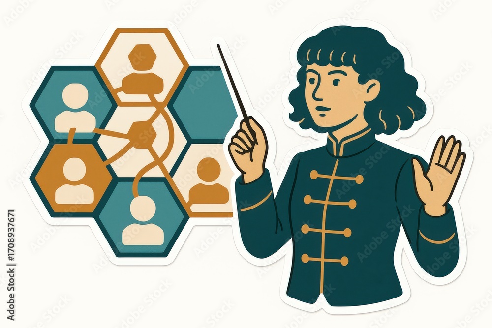 Poster dynamic interaction showcasing a female educator guiding a collaborative network of interconnected i