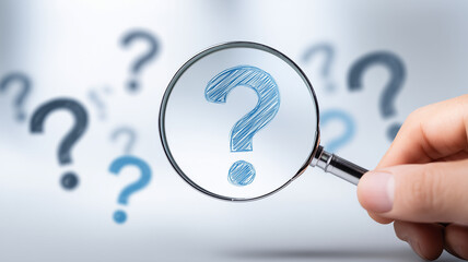 Magnifying glass focusing on a question mark representing inquiry and problem solving, symbolizing investigation research and clear decision making.
