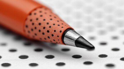 Macro shot of an orange pencil with polka dots on a polka dot paper surface