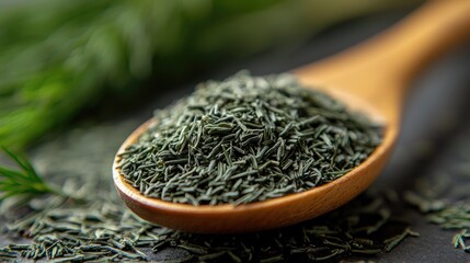 Macro shot of dried dill on a wooden spoon enhances culinary projects perfectly