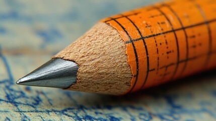Macro shot of orange pencil with grid lines on a textured background creating a focal point