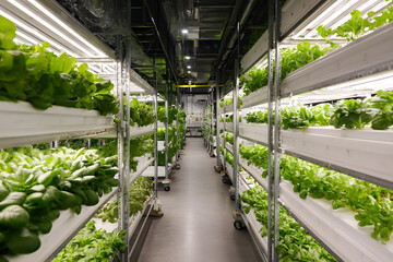 Indoor vertical farm with rows of green leafy vegetables growing artificial lights controlled environment for fresh produce