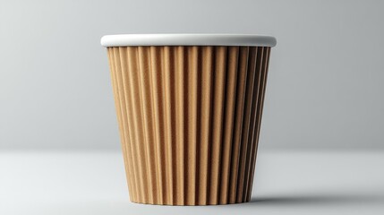 Minimalist brown paper coffee cup with white lid on a light gray background scene