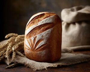 Freshly baked artisan bread with decorative scoring on burlap cloth and wheat stalks in warm rustic setting