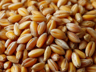 Fototapeta premium Wheat grain close up with natural texture and warm golden color, showing healthy and fresh cereal seeds in detail