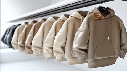 Modern fashion apparel featuring row of stylish hoodies in muted neutral tones