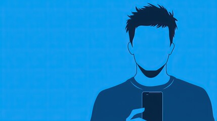 Modern man using mobile phone silhouette against solid blue background illustration minimal