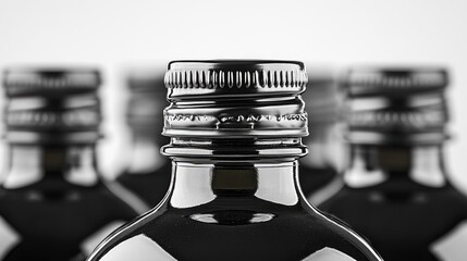 Monochromatic liquid containers with metallic caps in a repetitive arrangement
