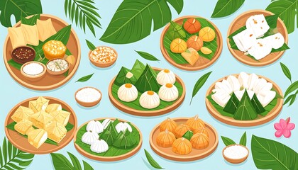 Assorted southeast asian desserts arrangement on light blue background concept