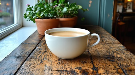 Morning coffee in a cozy cafe ambience, featuring rustic wood and potted plants creates a serene