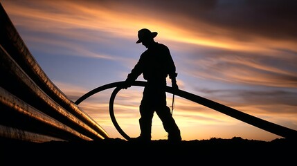 A worker in a cowboy hat and safety gear is actively working on a pipeline construction site at sunset.