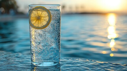 Refreshing drink at sunset: A glass of sparkling water with lemon near water