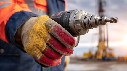 A drilling rig operator wearing protective gear holds a drill, ready to work on an oil or gas well.