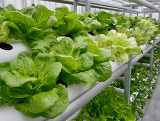 Hydroponic green lettuce growing in modern indoor farm with fresh healthy leaves and bright natural light