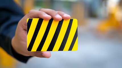 A business card with a black and yellow hazard stripe design, held in a hand.