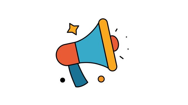 Animated web promotion megaphone in blue, orange, and yellow colors to boost online marketing with vibrant visuals. Suitable for digital advertising.