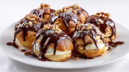 Chocolate profiteroles on white background. Classic delicious French sweet dessert on the plate. Homemade bakery