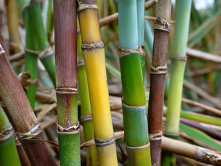 Fototapeta premium Sugarcane stalks various colors including green, yellow, and brown, showing natural texture and segmented joints close up view