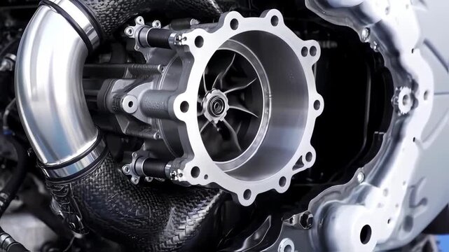 Close-up of a high-performance engine turbocharger assembly