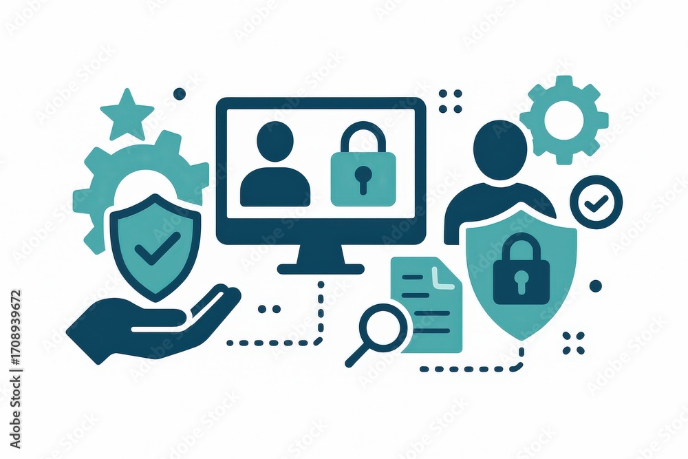 Poster digital security framework highlighting protective measures and user verification through shield ico