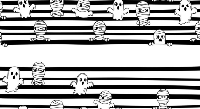 simple hand drawing black bold horizontal lines with peeking cartoon seamless pattern; ghost and mummy halloween theme for background, texture, wallpaper, banner, label etc. vector design 
