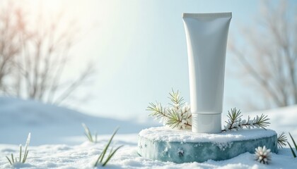 Skincare cream tube on stone surrounded by snow and pine branches  