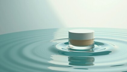 Skincare cream jar floating on water surface with ripples  