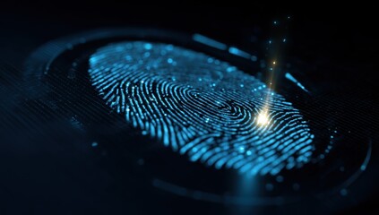 breakdown of biometric security system with digital fingerprint scan on blue background, close-up view Generative AI